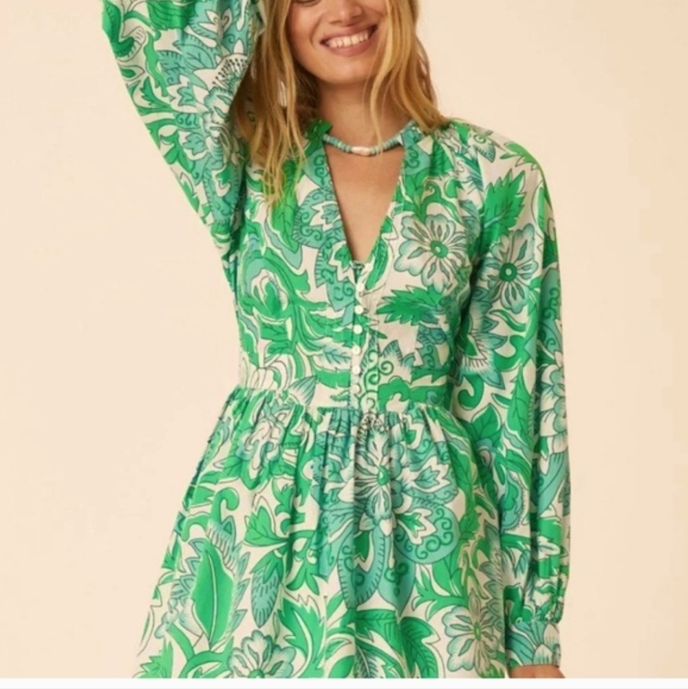 Let Me Be Floral Green and White Long Sleeve Dress Mini Dress Size SP